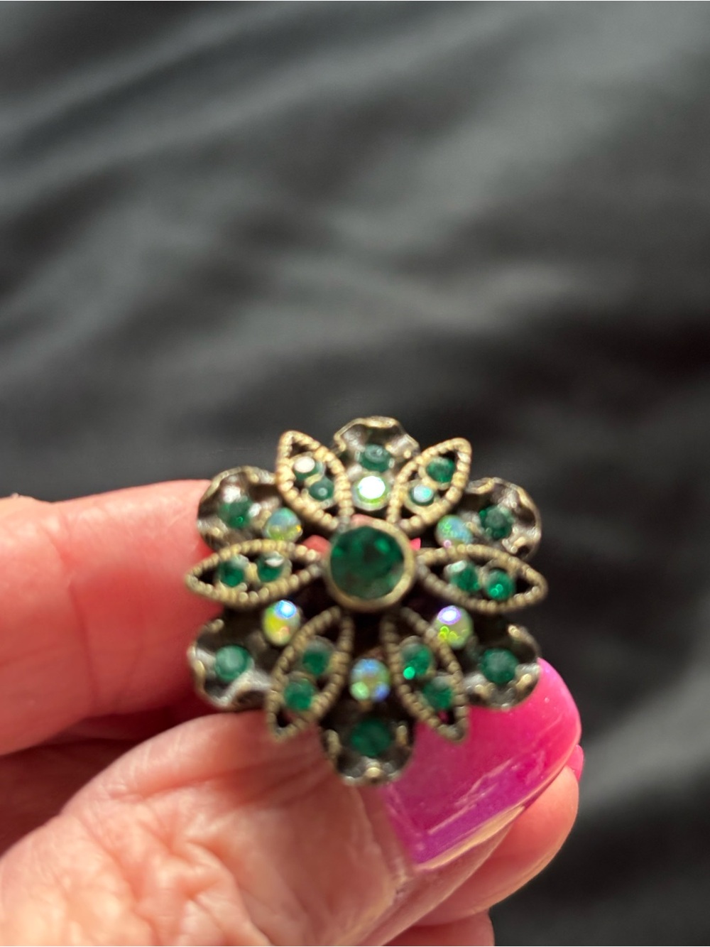 Vintage-Style Green Crystal Floral Statement Ring - Unbranded